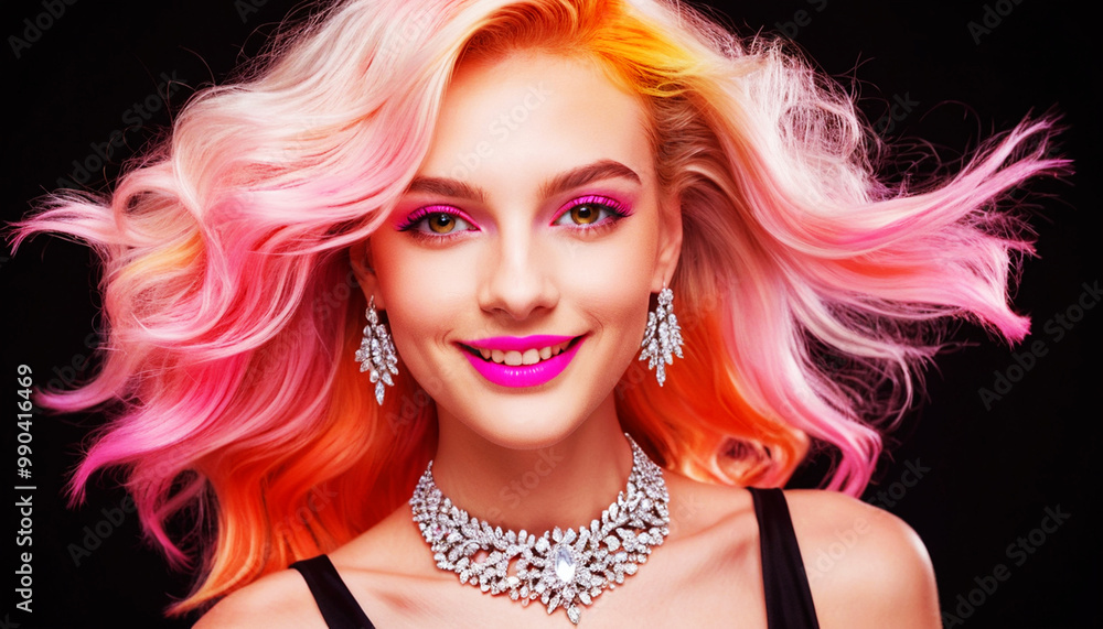 a model with a beautiful face wearing purple lipstick, soft colored hair wearing diamond jewelry on a black background a model with a beautiful face wearing purple lipstick, soft colored hair wearing diamond jewelry on a black background