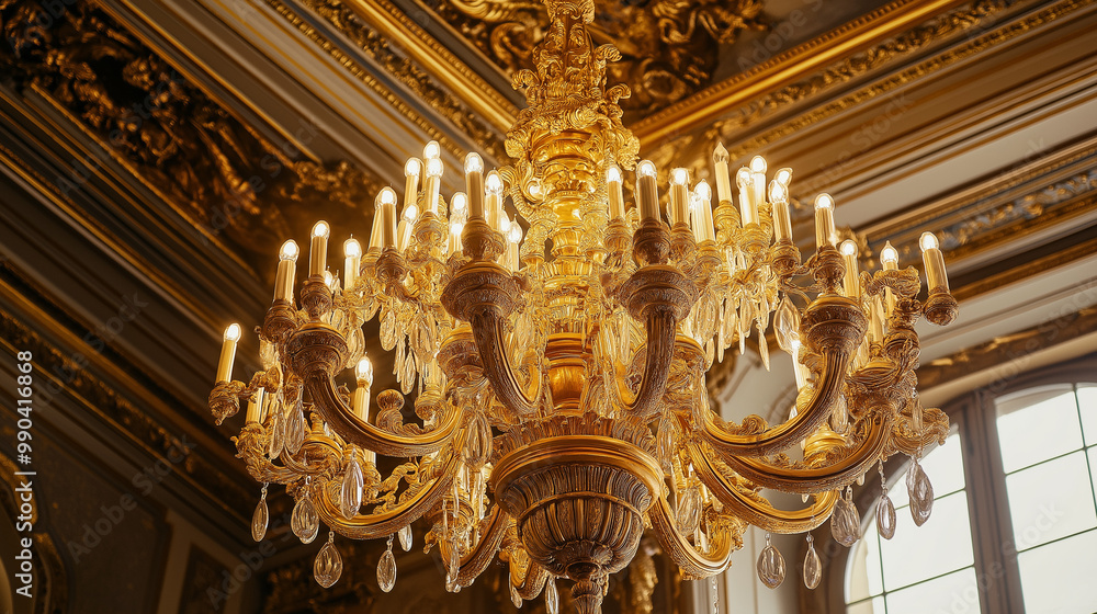 A grand gold chandelier hangs from the ornate ceiling, casting a warm glow throughout the room. A grand gold chandelier hangs from the ornate ceiling, casting a warm glow throughout the room.