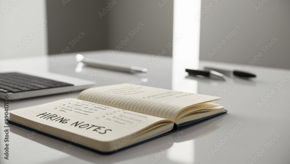 Open Notebook with Hiring Notes on Clean Desk Open Notebook with Hiring Notes on Clean Desk