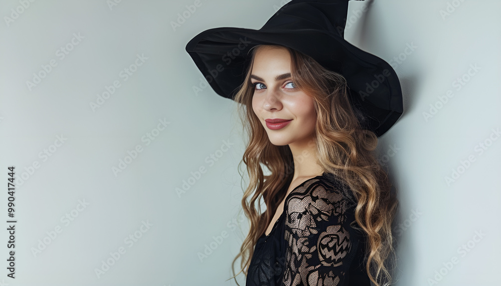 Beautiful woman in witch costume on white background. Halloween party Beautiful woman in witch costume on white background. Halloween party