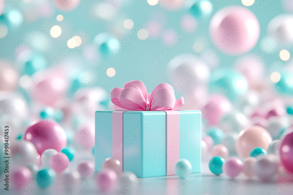 A blue box with a pink ribbon sits in a pile of colorful balls. The scene is playful and festive, with the box and balls creating a sense of joy and celebration A blue box with a pink ribbon sits in a pile of colorful balls. The scene is playful and festive, with the box and balls creating a sense of joy and celebration