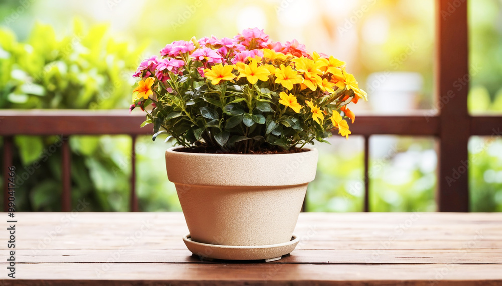 a pot with pink and yellow flowers on a wooden table with a blurred background a pot with pink and yellow flowers on a wooden table with a blurred background