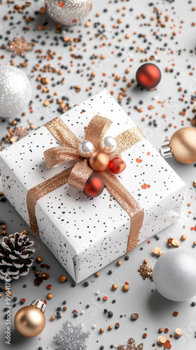 A white box with a gold bow on top of it is surrounded by a pile of Christmas ornaments