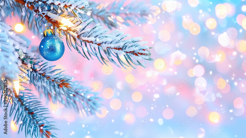 Christmas tree branch with blue ornament and snowy winter holiday background Christmas tree branch with blue ornament and snowy winter holiday background