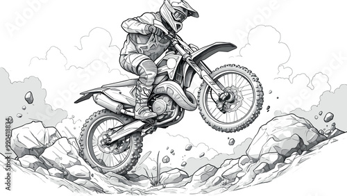 Motorcyclist on Enduro Bike Flying Over Rocks Coloring Book Page Dynamic Enduro Illustration Exciting Rock Jump Scene Fun Off-Road Adventure Drawing Thrilling Art Page