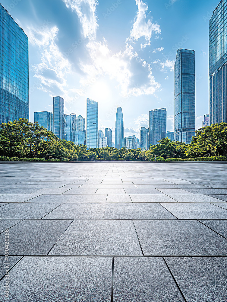 A modern city square, with skyscrapers in the background, a clear sky, and daylight A modern city square, with skyscrapers in the background, a clear sky, and daylight
