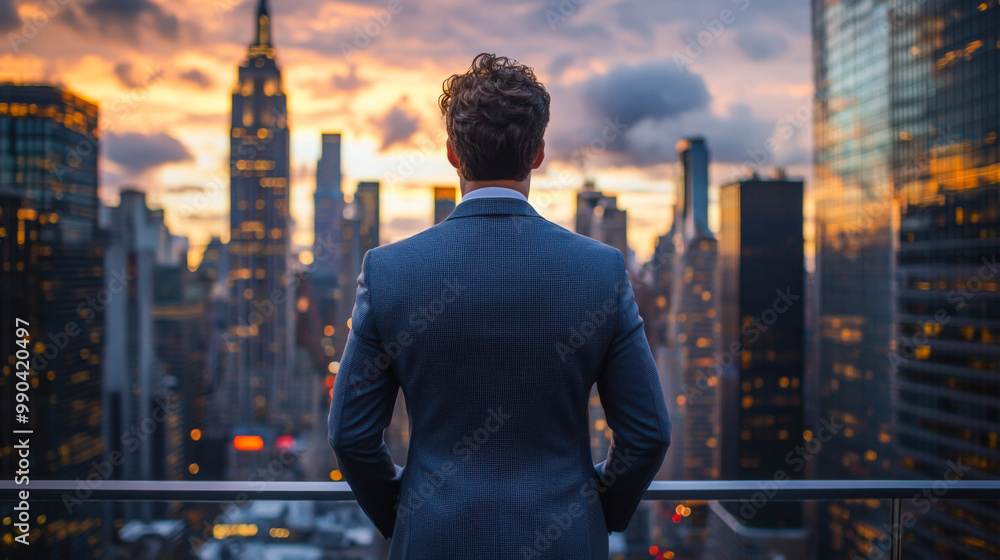 A man in a suit gazes skyline during sunset, reflecting on the vibrant urban landscape A man in a suit gazes skyline during sunset, reflecting on the vibrant urban landscape