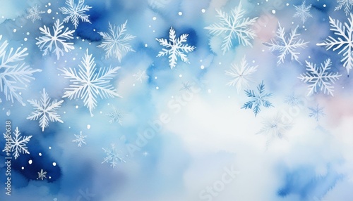 Pastel watercolor background featuring delicate snowflakes softly blurred on shades of blue and white, creating a serene winter atmosphere