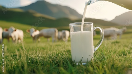 Fresh milk from pitcher into the glass with grass field and cows with a natural background,fresh milk ad template banner,Cows live on natural pastures, packaging with milk packs concept.