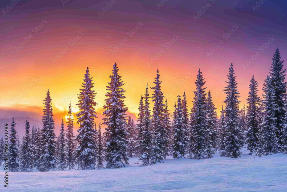 A serene winter landscape featuring snow-covered pine trees against a vibrant sunset sky. A serene winter landscape featuring snow-covered pine trees against a vibrant sunset sky.