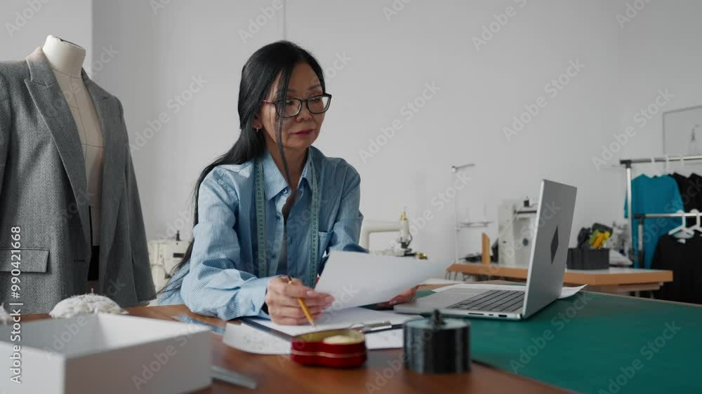 Aged Asian woman tailor working in fashion atelier, lady with laptop in studio. Professional dressmaker and seamstress creating new clothing collection, tailor made clothes, Japanese lady sewing Aged Asian woman tailor working in fashion atelier, lady with laptop in studio. Professional dressmaker and seamstress creating new clothing collection, tailor made clothes, Japanese lady sewing