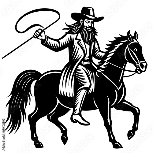 Rodeo cowboy riding a bucking bronco , Cowboy riding a horse logo black and white illustration AI generated Image , horse rider silhouette 