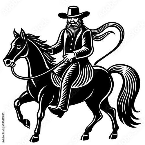 Rodeo cowboy riding a bucking bronco , Cowboy riding a horse logo black and white illustration AI generated Image , horse rider silhouette 