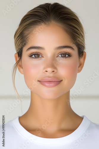 A woman with a white shirt and brown hair. She has a smile on her face