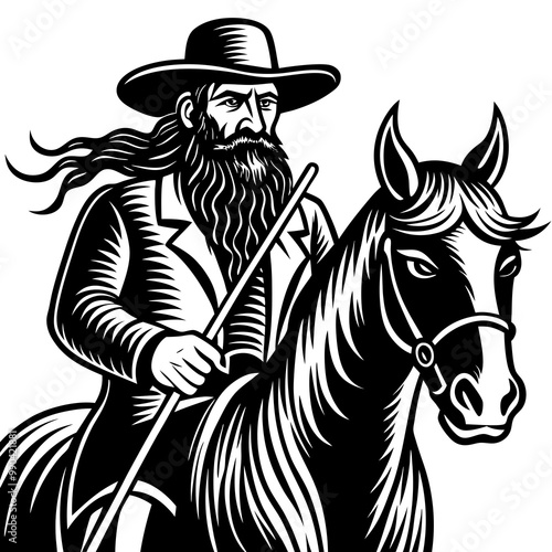 Rodeo cowboy riding a bucking bronco , Cowboy riding a horse logo black and white illustration AI generated Image , horse rider silhouette 