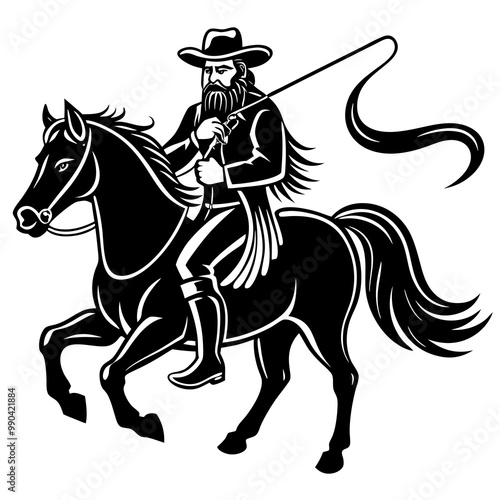 Rodeo cowboy riding a bucking bronco , Cowboy riding a horse logo black and white illustration AI generated Image , horse rider silhouette 