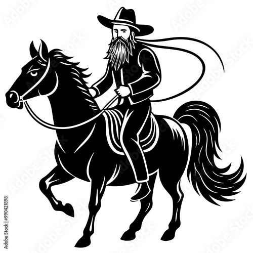 Rodeo cowboy riding a bucking bronco , Cowboy riding a horse logo black and white illustration AI generated Image , horse rider silhouette 