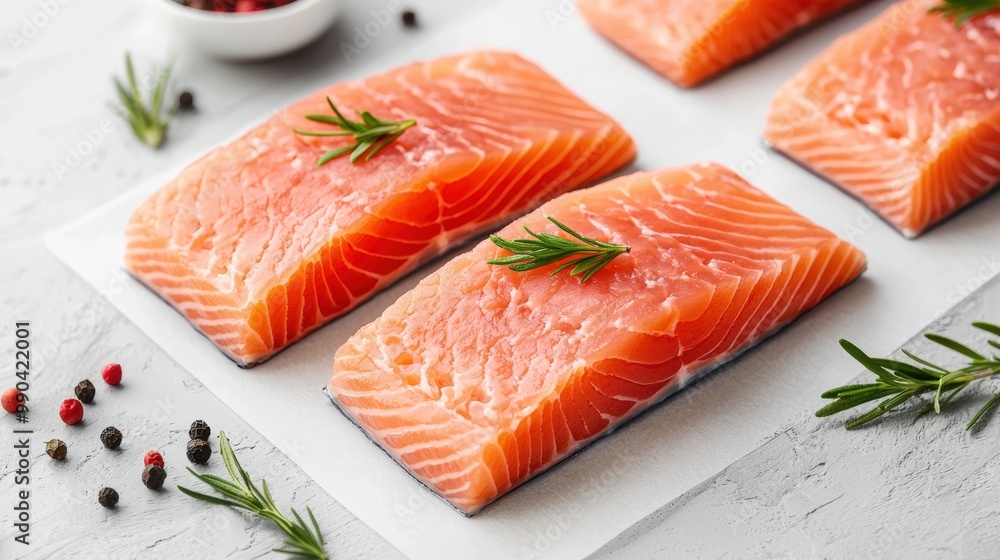 Fresh salmon fillets with herbs, perfect for healthy cooking and meal preparation. Fresh salmon fillets with herbs, perfect for healthy cooking and meal preparation.