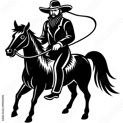 Rodeo cowboy riding a bucking bronco , Cowboy riding a horse logo black and white illustration AI generated Image , horse rider silhouette 