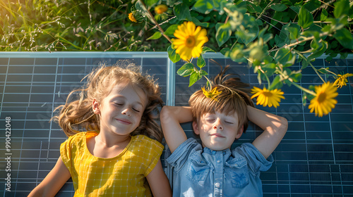 Top view of two young siblings lying on roof with solar panels. Rooftop solar or photovoltaic system. Sustainable future for next generation photo