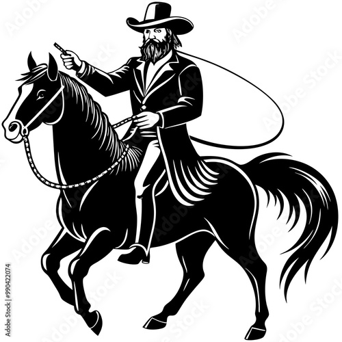 Rodeo cowboy riding a bucking bronco , Cowboy riding a horse logo black and white illustration AI generated Image , horse rider silhouette 