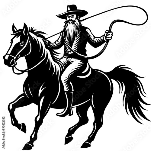 Rodeo cowboy riding a bucking bronco , Cowboy riding a horse logo black and white illustration AI generated Image , horse rider silhouette 