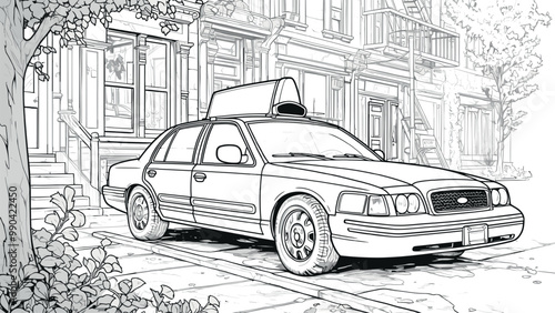 New York Cab Car Parked Next to Sidewalk Coloring Book Page for Kids Classic Yellow Taxi Illustration Urban Scene Fun Cityscape Drawing for Children Iconic Vehicle Art Page