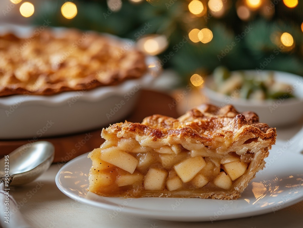 Close-up of a slice of homemade apple pie on a white plate, with a whole pie and festive lights in the background. Close-up of a slice of homemade apple pie on a white plate, with a whole pie and festive lights in the background.