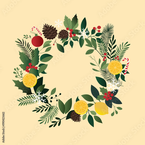 Christmas wreath with green leaves, berries, lemons and pine cones, candy canes, and snowflakes on a beige background, a holiday theme.
