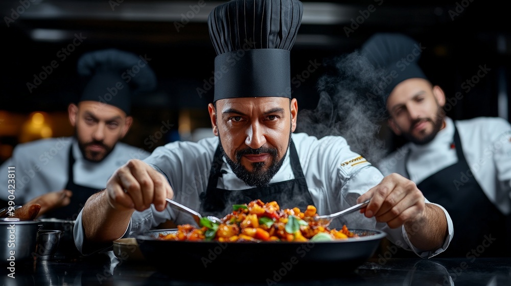 Chef's Passion: A seasoned chef, focused and intense, meticulously prepares a steaming plate of sizzling seafood in a professional kitchen, showcasing the art and dedication of culinary mastery. Chef's Passion: A seasoned chef, focused and intense, meticulously prepares a steaming plate of sizzling seafood in a professional kitchen, showcasing the art and dedication of culinary mastery.
