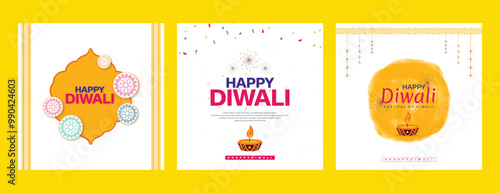 Happy Diwali three colour background design with flat oil lamp and light decoration wishing or greeting post or banner design vector file