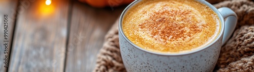 Cozy autumn drink, delicious latte in a rustic mug on a knitted blanket with a soft glow in the background, evoking warmth and comfort.