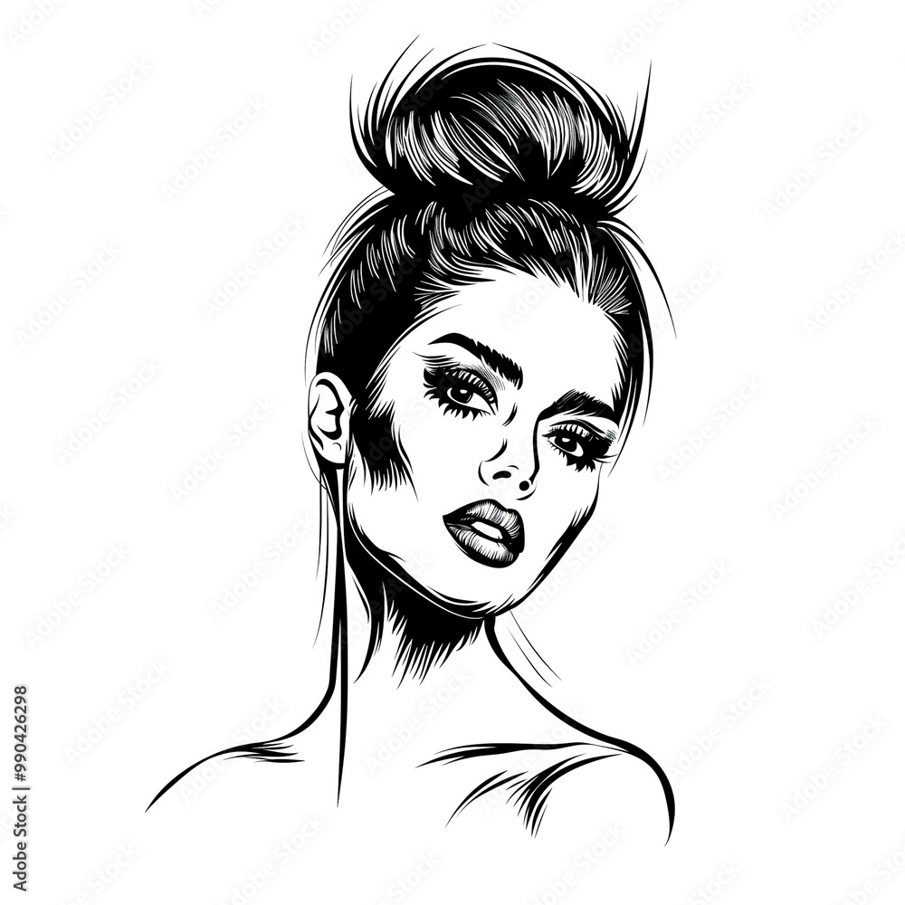 A woman with a bun on her head. She has a big smile on her face. The image is black and white A woman with a bun on her head. She has a big smile on her face. The image is black and white