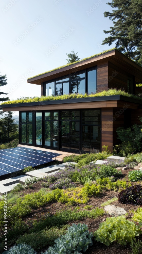 A modern eco-friendly home featuring a green roof and solar panels, surrounded by lush landscaping and trees. A modern eco-friendly home featuring a green roof and solar panels, surrounded by lush landscaping and trees.