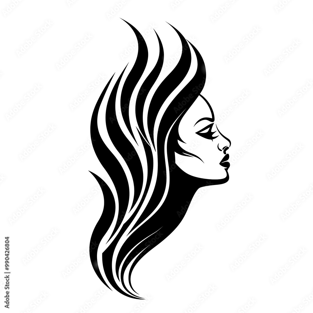 A woman with long black hair and a black and white background. The hair is styled in a way that it looks like it is on fire A woman with long black hair and a black and white background. The hair is styled in a way that it looks like it is on fire