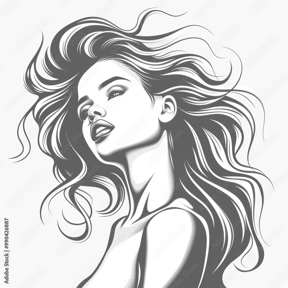 A woman with long hair is shown in a black and white drawing. The drawing is of a woman with long hair and a smile on her face. The woman's hair is flowing in the wind A woman with long hair is shown in a black and white drawing. The drawing is of a woman with long hair and a smile on her face. The woman's hair is flowing in the wind