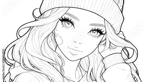 Portrait of a Cute Girl in a Hat Coloring Book Page for Kids Adorable Illustration Stylish Hat Fun Facial Expression Drawing for Children Charming Portrait Art Page