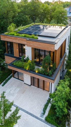 Wallpaper Mural A modern house featuring a green roof, large windows, and surrounded by trees, showcasing innovative architectural design and eco-friendly elements. Torontodigital.ca