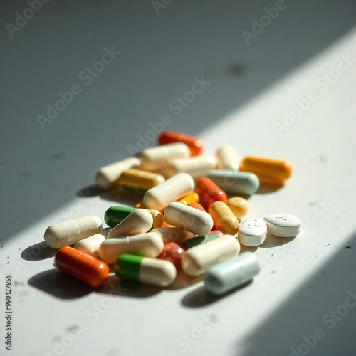 A bunch of different colored pills are on a table photo