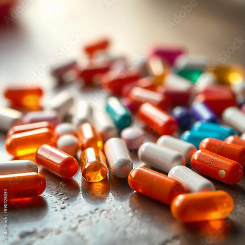 A bunch of different colored pills are on a table photo