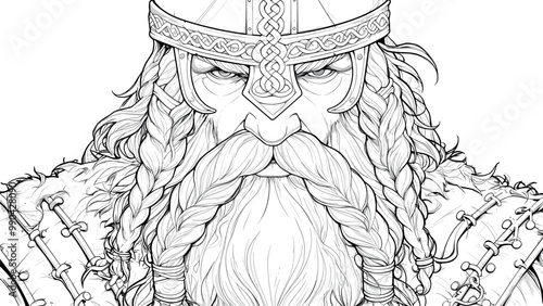 Portrait of a Viking with Helmet and Beard Braids Coloring Book Page Kids Detailed Illustration Brave Warrior Scene Fun Historical Drawing for Children Fierce Character Art Page