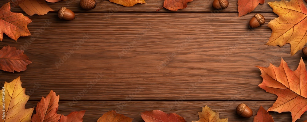 A wooden surface surrounded by vibrant autumn leaves and acorns, creating a seasonal and natural aesthetic. A wooden surface surrounded by vibrant autumn leaves and acorns, creating a seasonal and natural aesthetic.