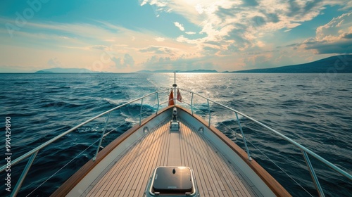 Fototapeta Naklejka Na Ścianę i Meble -  On Boat. Wide Angle View of Luxury Yacht Bow in the Adriatic Sea