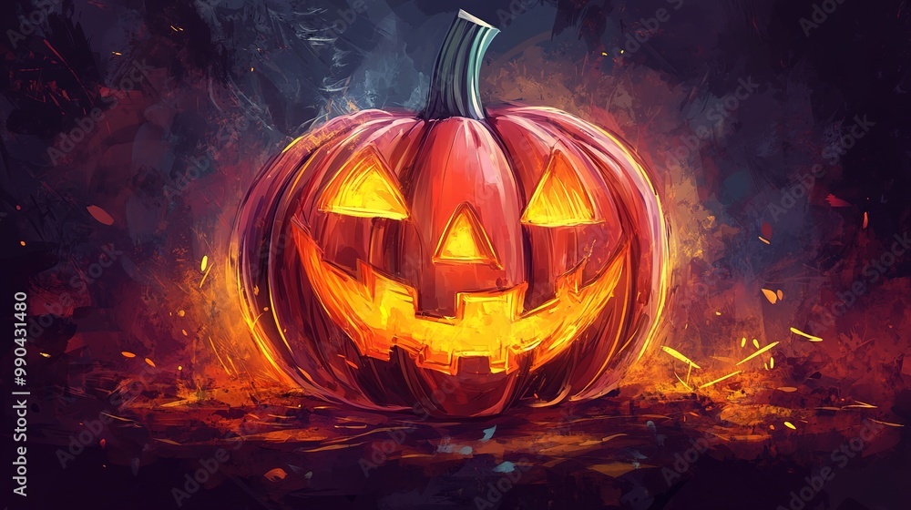 Naklejka premium A vibrant Halloween pumpkin vector featuring a classic jack-o'-lantern design with a cheerful, spooky expression. This illustration captures the festive spirit of Halloween, perfect for decorations, 