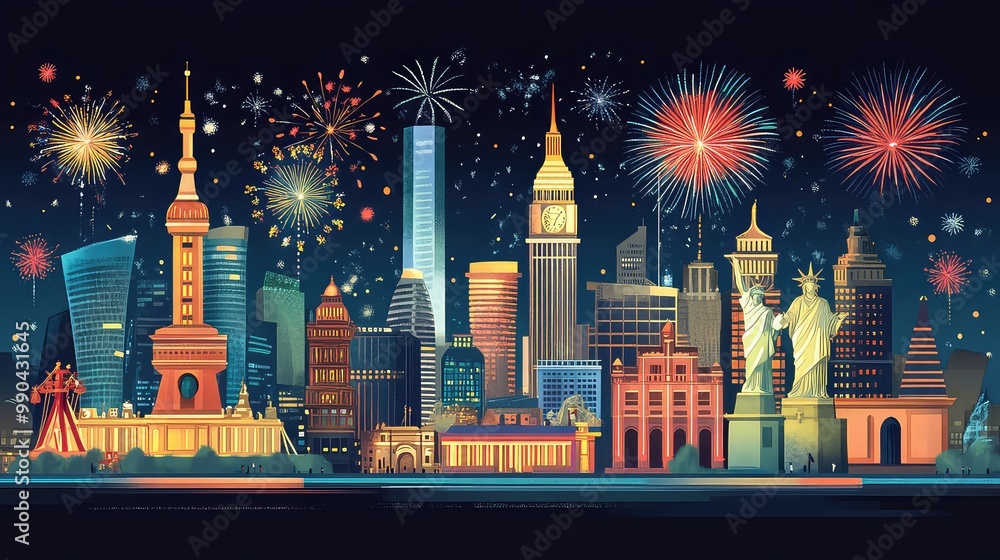 Fototapeta premium New Year's Eve Celebrations in Major Cities Around the World, Generative AI