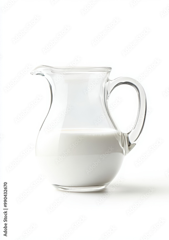 Milk in a glass jug, isolated on a white background. A glass milk jug filled with white-colored milk Milk in a glass jug, isolated on a white background. A glass milk jug filled with white-colored milk