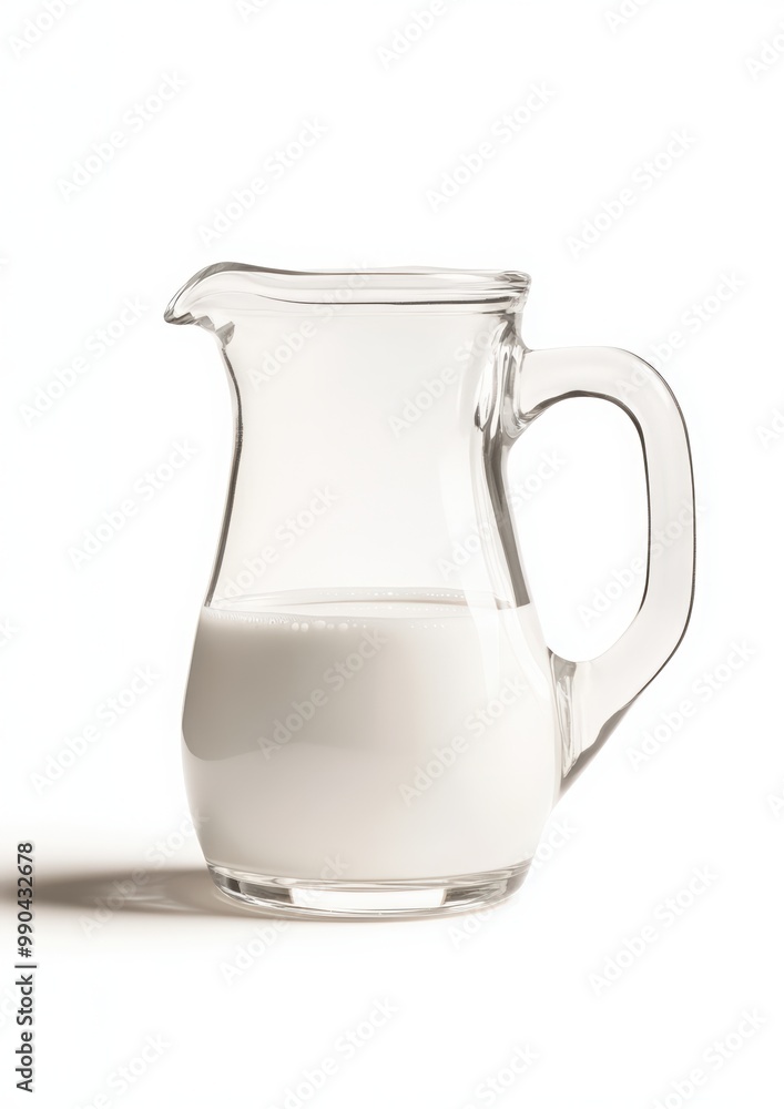 Milk in a glass jug, isolated on a white background. A glass milk jug filled with white-colored milk