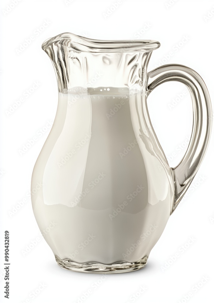 Milk in a glass jug, isolated on a white background. A glass milk jug filled with white-colored milk Milk in a glass jug, isolated on a white background. A glass milk jug filled with white-colored milk
