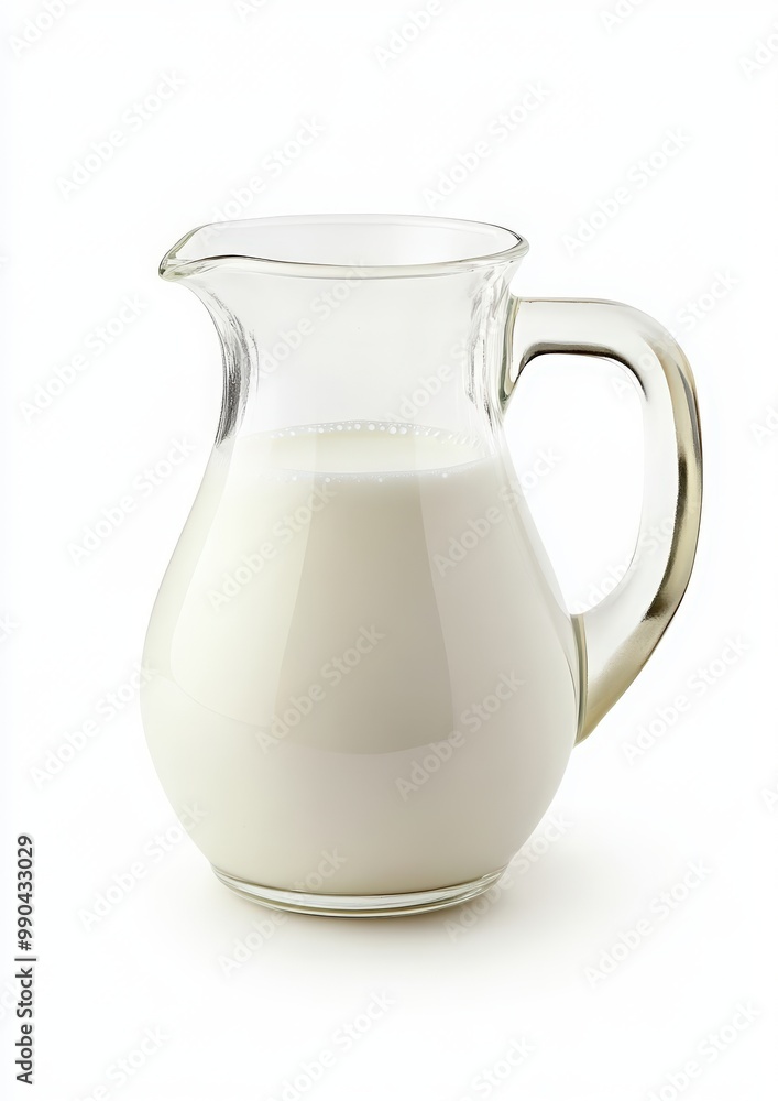 Milk in a glass jug, isolated on a white background. A glass milk jug filled with white-colored milk Milk in a glass jug, isolated on a white background. A glass milk jug filled with white-colored milk