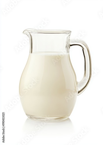 Milk in a glass jug, isolated on a white background. A glass milk jug filled with white-colored milk